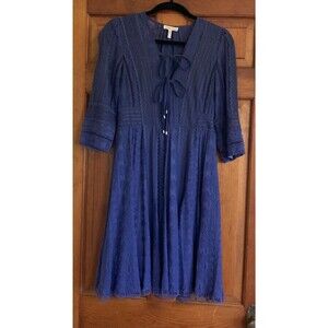 Rebecca Taylor Womens 4 Silk Navy Blue 3/4 Sleeve Lace Sheer Knee Length Dress